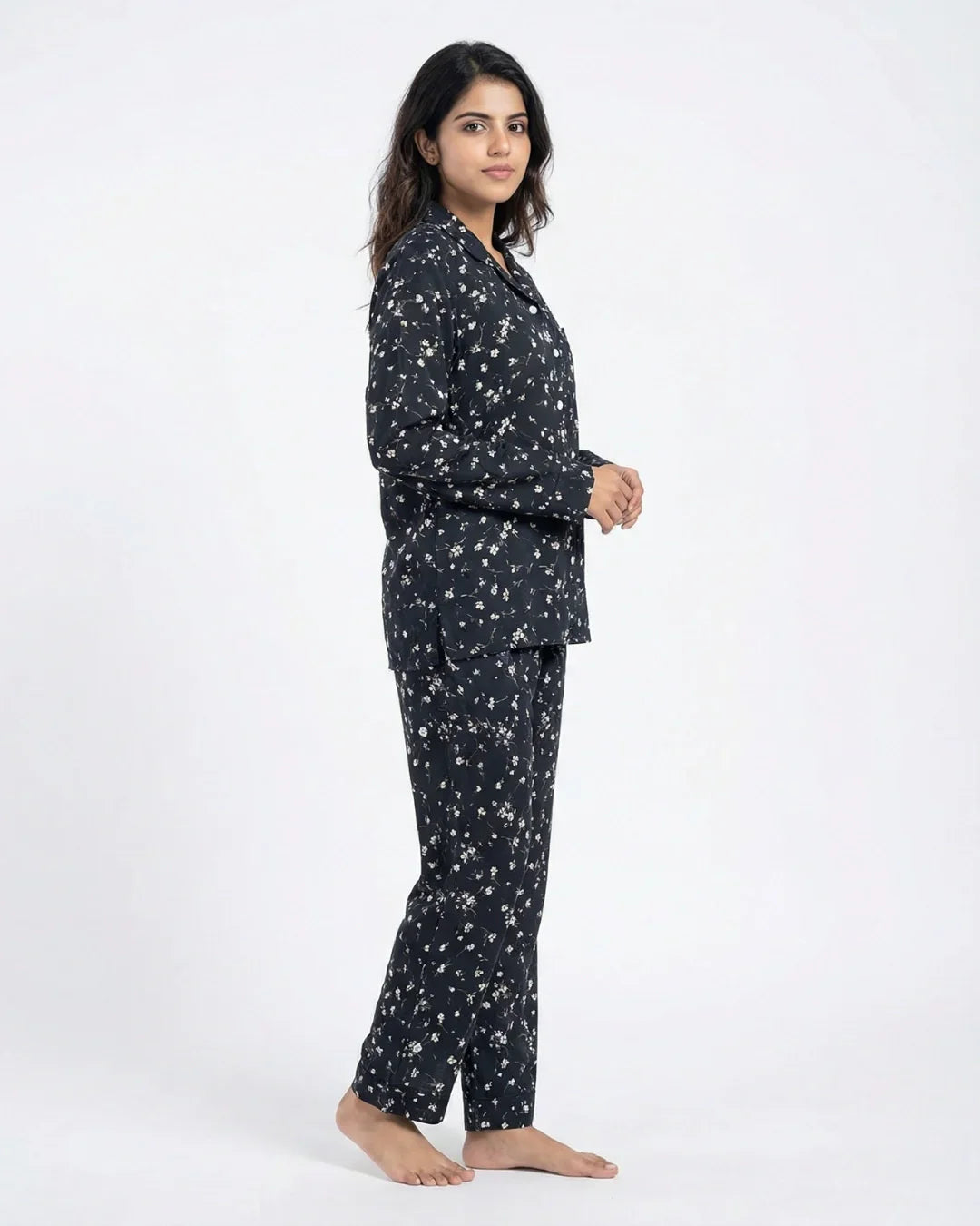 Linen Pajama Suit - Black Floral