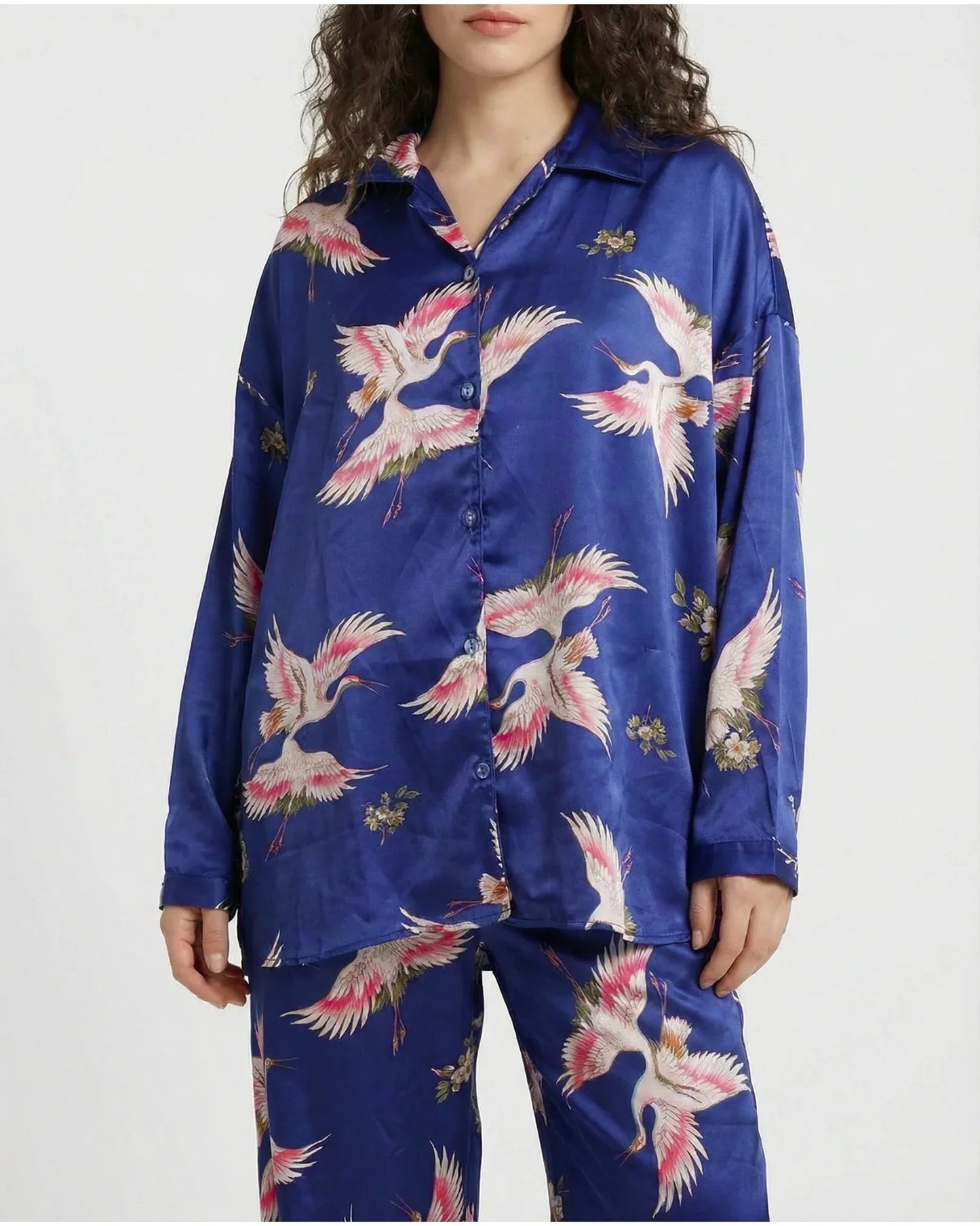 Oversized Silk Pajama Suit - Flamingo - Blue