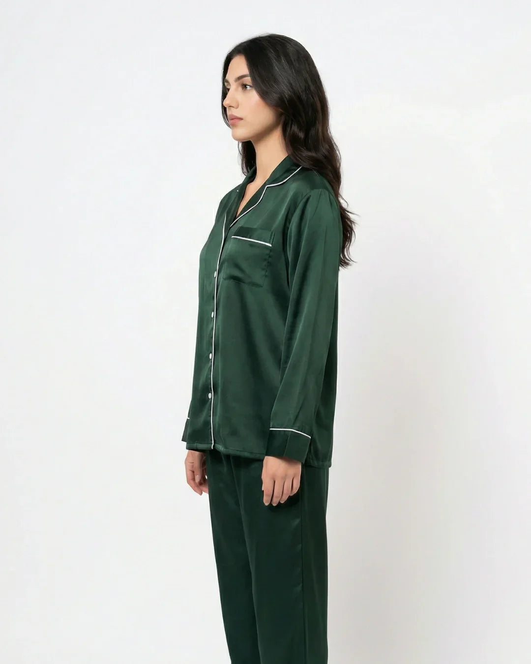 Satin Silk Pajama Suit - Noir - Dark Green