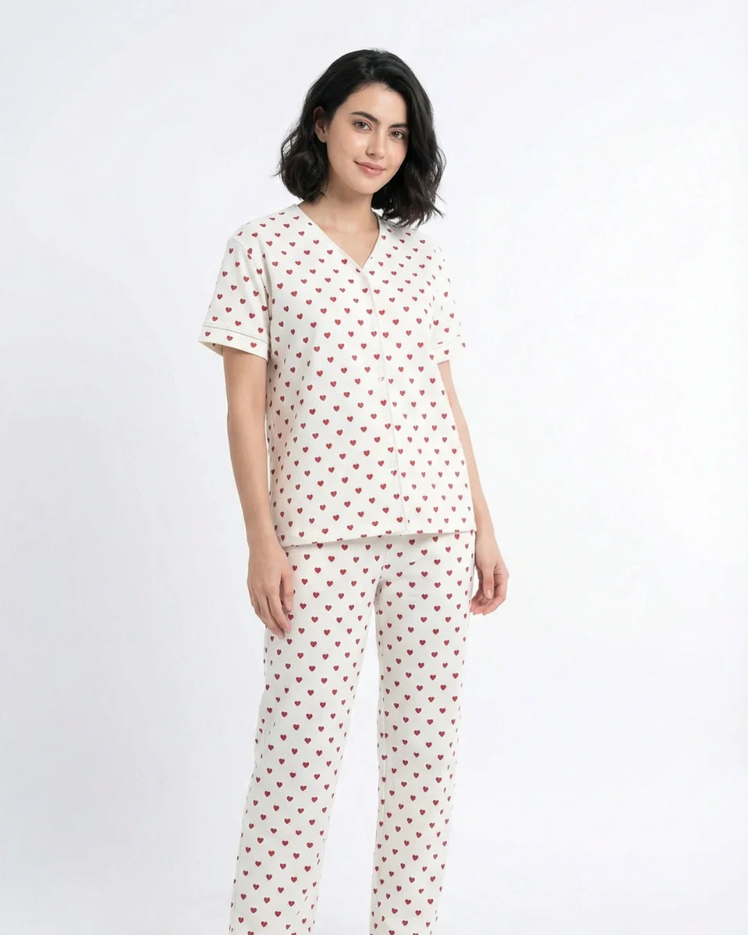 Cotton PJ Set - Heart Bliss - White