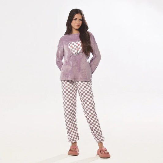 Pink Checks Fleece Pajama Suit