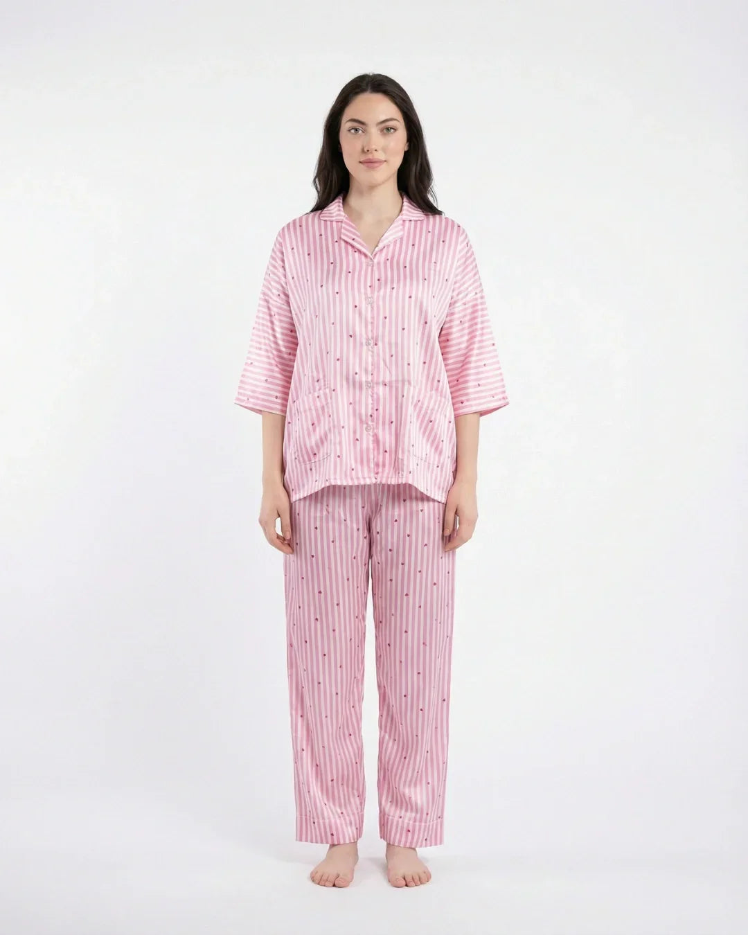 Drop Shoulder Silk Pajama Suit - Dreamy Hearts