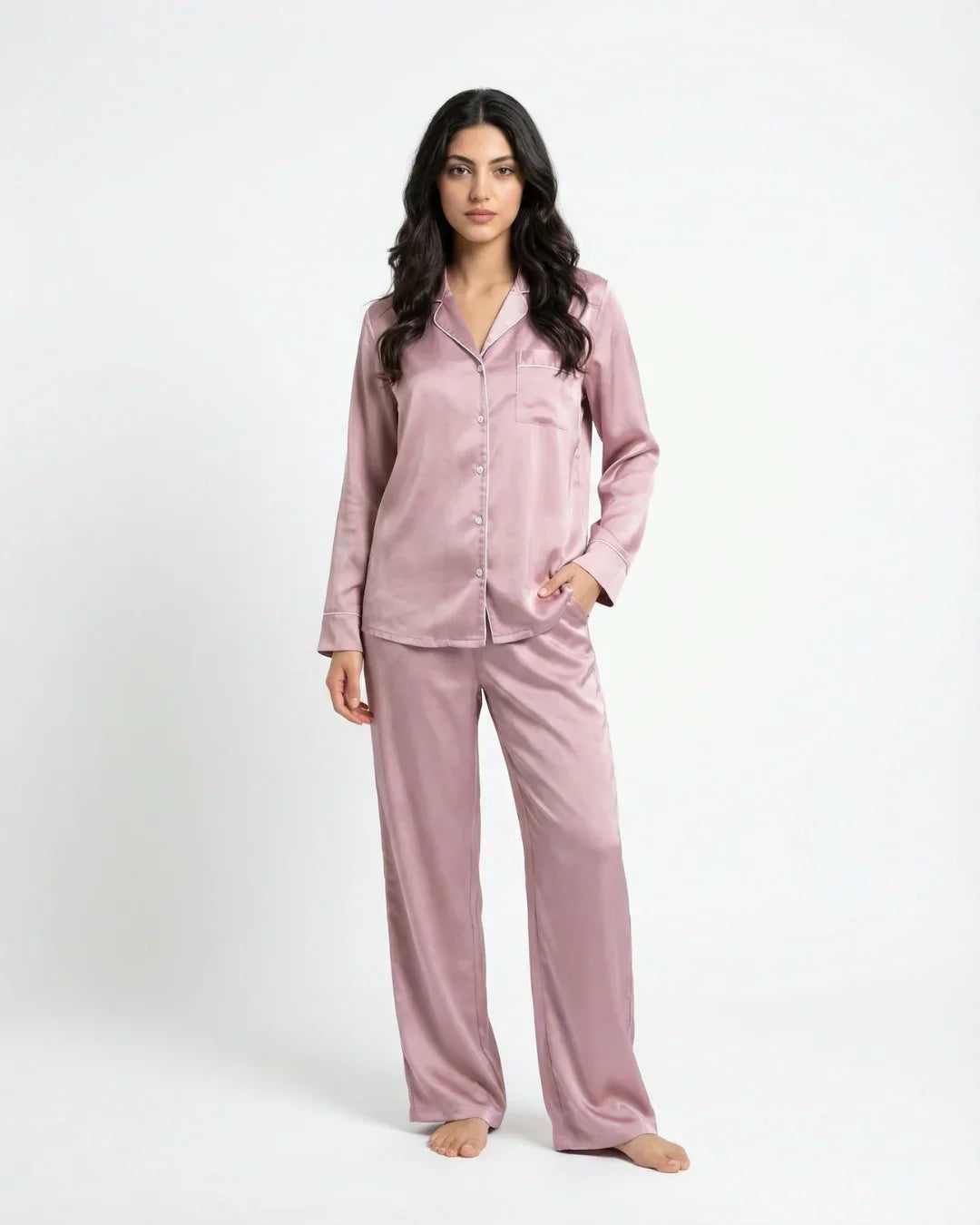 Satin Silk Pajama Suit - Noir - Pink
