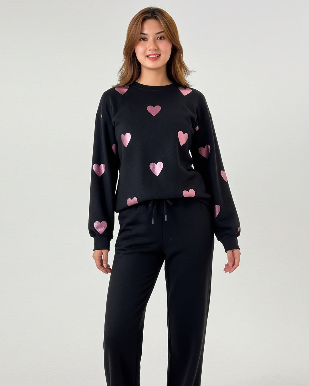 Fleece Pajama Set -Heart Cozy - Black
