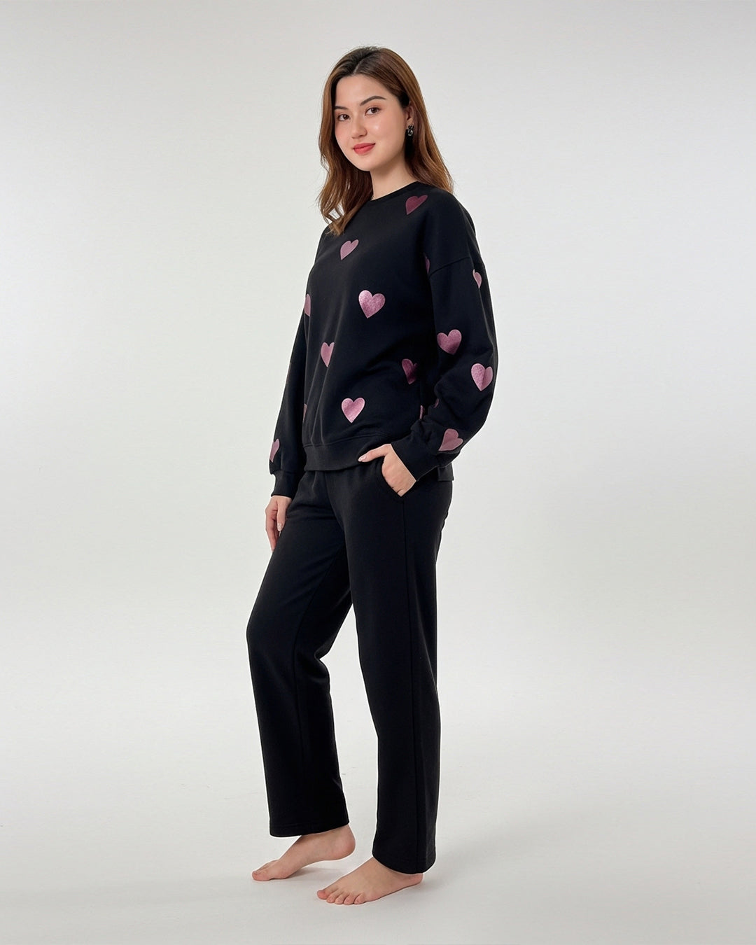 Fleece Pajama Set -Heart Cozy - Black