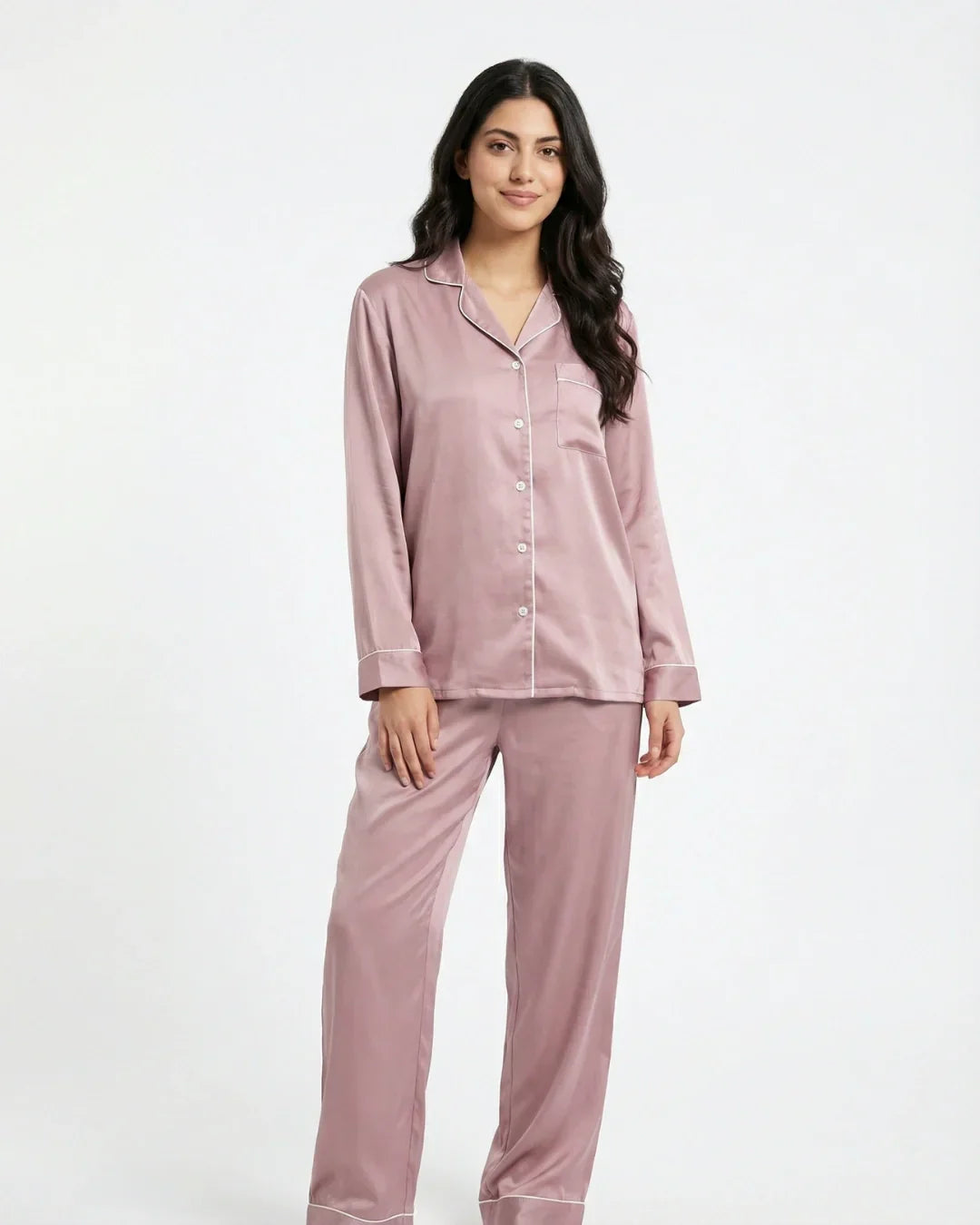 Satin Silk Pajama Suit - Noir - Pink