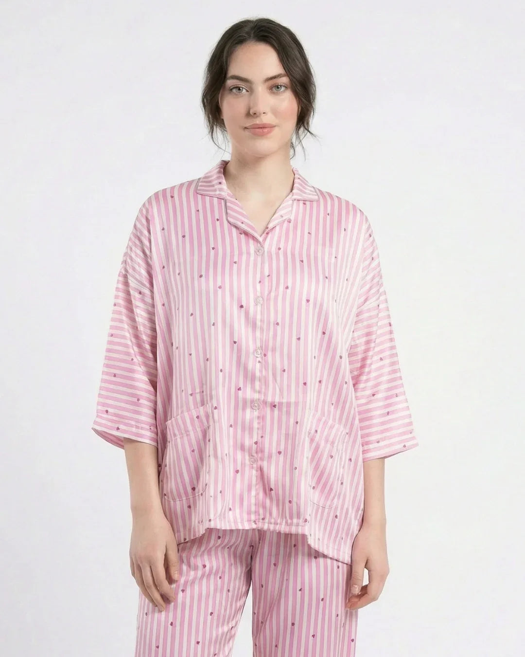 Drop Shoulder Silk Pajama Suit - Dreamy Hearts