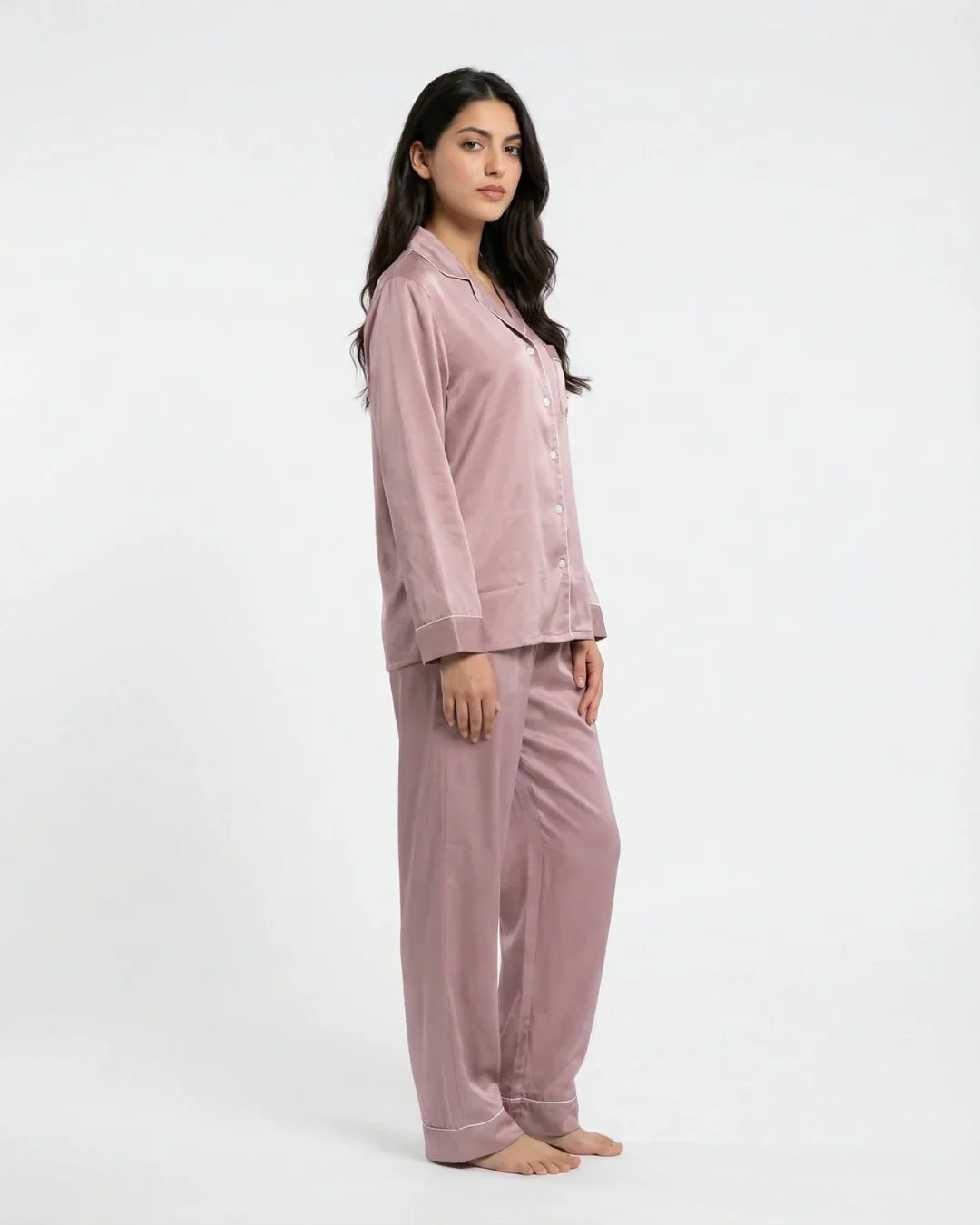 Satin Silk Pajama Suit - Noir - Pink