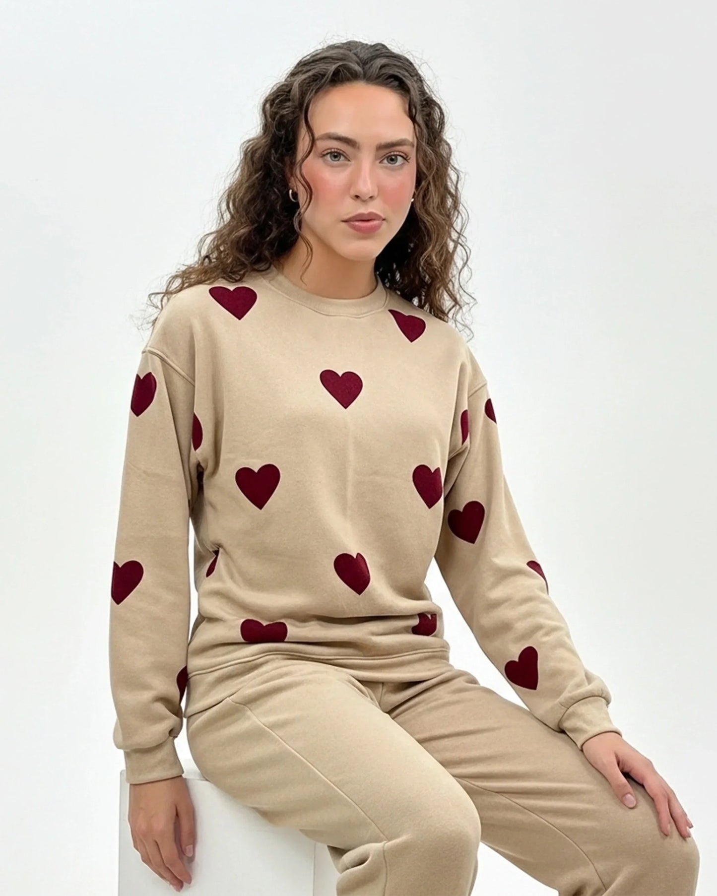 Fleece Pajama Set -Heart Cozy - Beige