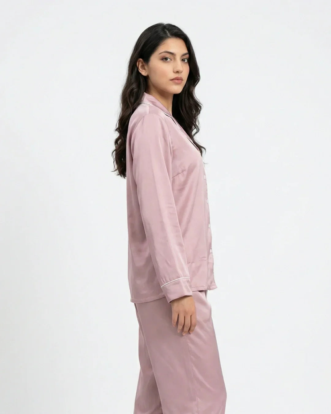 Satin Silk Pajama Suit - Noir - Pink