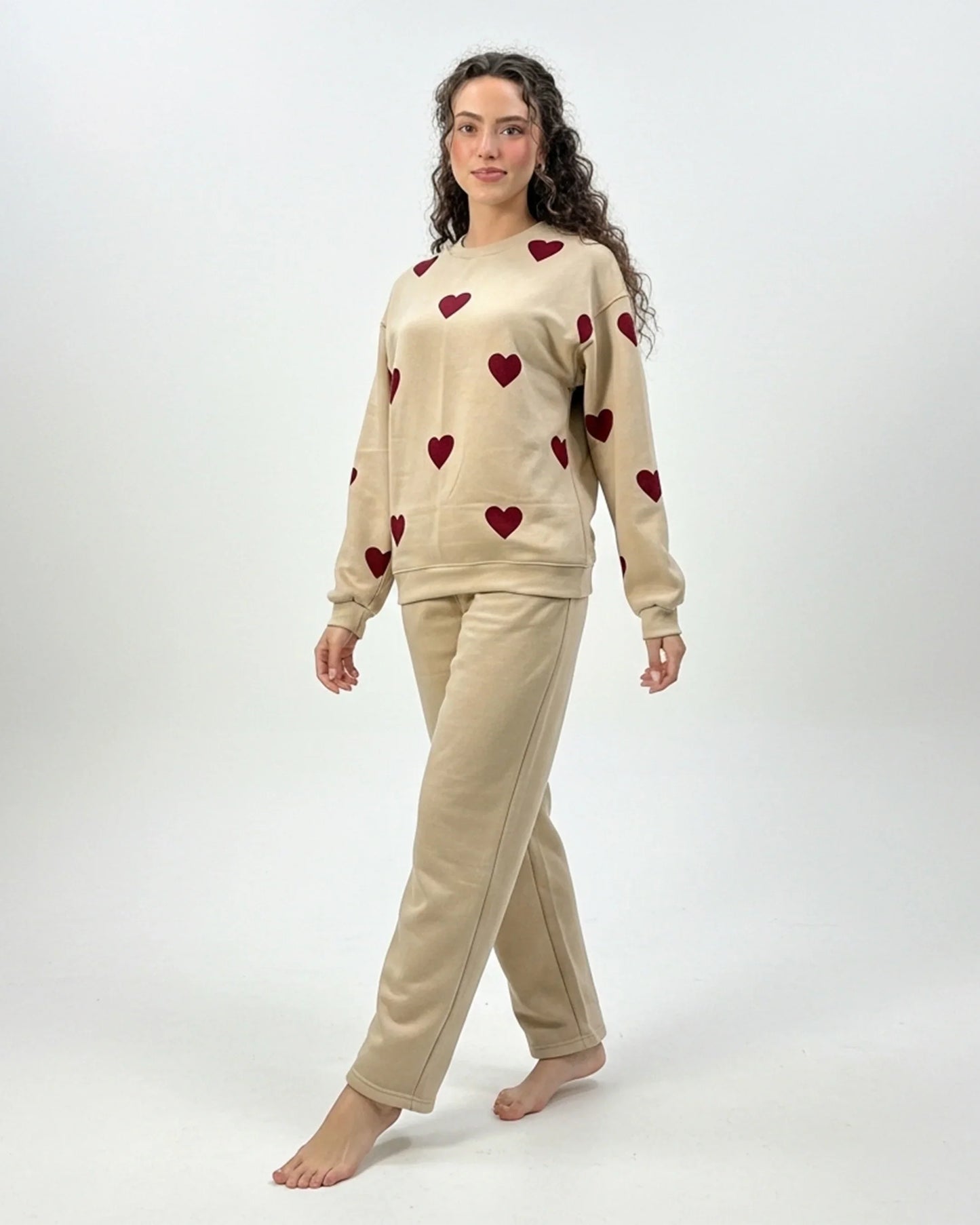 Fleece Pajama Set -Heart Cozy - Beige